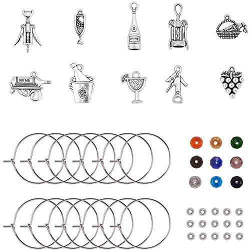 PandaHall 120 pc Wine Glass Charms Kit - 20 Tibetan Style Pendants, 20 Hoop Rings, 40 Glass Beads, 40 Spacer Beads - Wine Tasting Party Decoration
