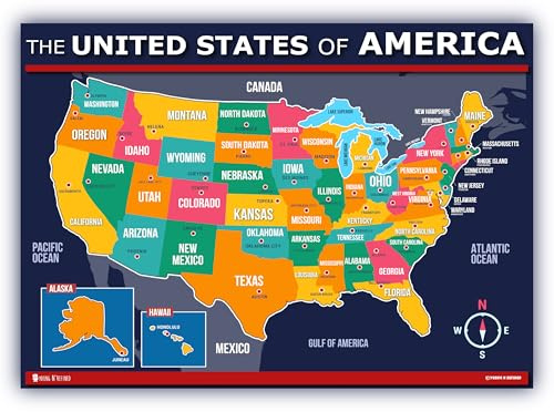 Poster Karte der USA für Kinder, laminiert, 50 Staaten und Hauptstädte, 45,7 x 61 cm Young N Refined