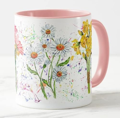 Vixar Flower Flowers Daisy Sunflower Gerbera Daffodil Watercolour Art Coloured Mug Cup Gift Birthday Work Office Christmas Tea Coffee (Pink)