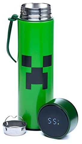 Puckator Minecraft - Stainless Steel Water Bottle with Led Temperature Display - Cold for 24h and Hot for 6h - Metal Water Bottles with Creeper - Modern Thermos Flask - Bpa Free - 450 ml