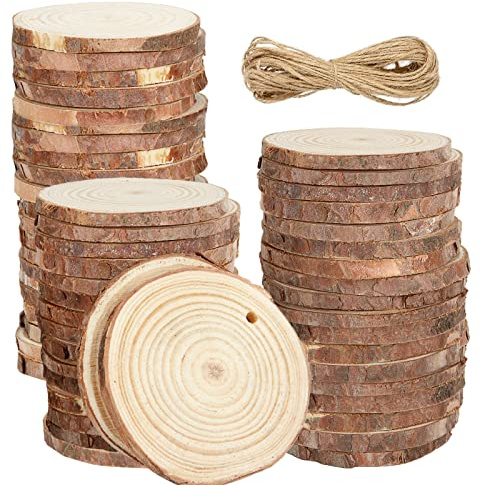 YOUNTHYE 60PCS Wood Slices, 7-8cm Small Wooden Discs with Holes, Unfinished Natural Log Slices for Crafts, Wooden Circles with Bark for Wedding Decorations Christmas Ornaments