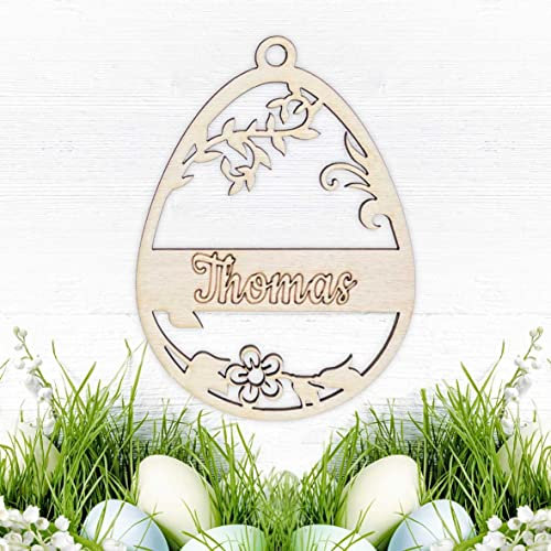 FOTOFOL Osterschmuck aus natürlichem Birkensperrholz mit Wunschnamen - Anhänger Ostern Ei personalisiert mit Namen, Hängedekoration aus Holz, personalisierte Ostereier als Geschenk… (Style 14)