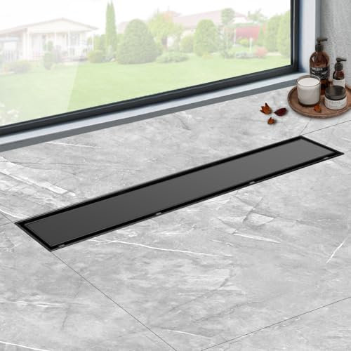 iYueMps Duschrinne schwarz 50cm Edelstahl Bodenablauf 2-in-1 doppelseitig, Flieseneinsatz Ablaufrinne,schnelle Entwässerung, mit 360° Siphon Geruchsstopp und Haarfilter
