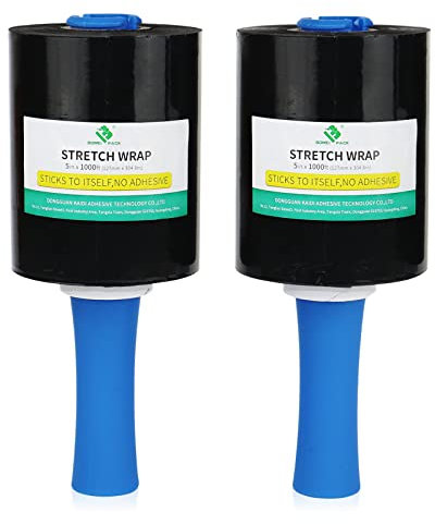 Schwarz Stretchfolie mit Rollgriff 2 Rollen 127mm x 300m zum Umzug,Wickelfolie,Schrumpfen,BOMEI PACK