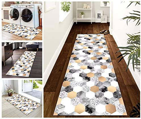 Buatisf Korridor Teppich Flur Läufer Teppich Läufer Flur rutschfest Weiß Grau Gelb Küchenteppich Waschbar Meterware Teppichläufer Lang for Corridor Schlafzimmer Wohnzimmer Polyester Meterware