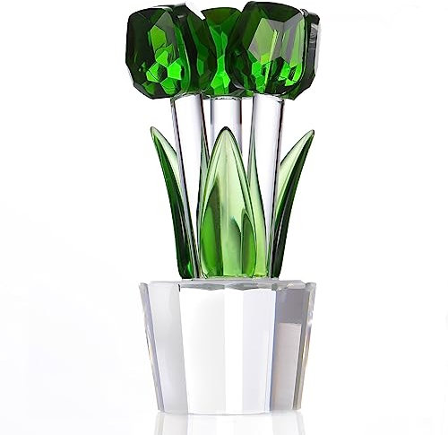 Qianwei Kristall Tulpen Blumen Figur Grün mit Vase – Glas Blumenstrauß Sammlerstück Figuren Kristall Büro Home Decor Briefbeschwerer – Tulpe Geschenke für Frauen Mutter Beste Freundin Hochzeitstag