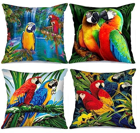 Tucocoo Papageien-Kissen - Dekorative, quadratische Kissenbezüge, 45 x 45 cm, 4 Stück, Wildtiere, Natur, Vögel, Bunte Wurfkissen für Couch, Sofa, Bett, Auto