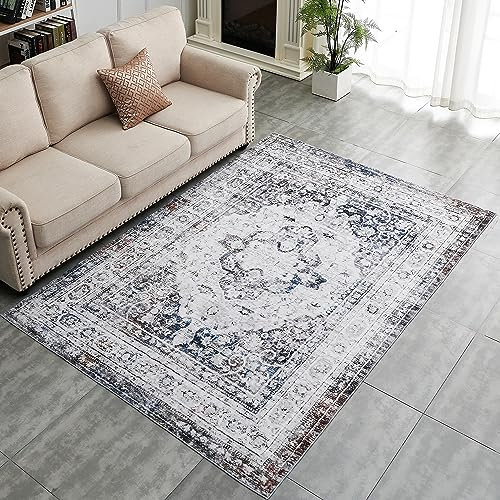LAIBEI Teppich Wohnzimmer,Carpet waschbar rutschfest,Bunte Teppiche mit Muster für Wohnzimmer,Schlafzimmer,Bohemian Short Pile Rug,Vintage orientalischer Teppich(80 x 150 cm,hellblau)