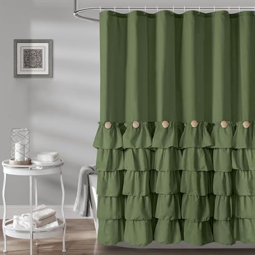 Seasonwood Green Ruffle Shower Curtain Farmhouse Shower Curtain 72 X 72 | Natural button accents, layered fabric tiers, shabby chic and French country styling for decorative bathroom updates