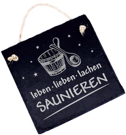 Schild Sauna graviert - Leben Lieben Lachen Saunieren - Türschild Saunagang Schiefer Saunadeko Saunaschild 11 x 11 cm