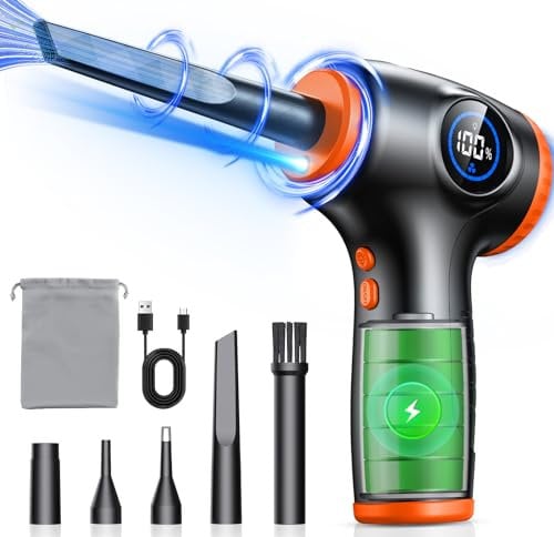EOIWUY Aria Compressa Elettrico, 3 Velocità & 90000 Giri/Min Rimuovi Polvere Aria Compressa Luce LED & Display Alimentazione, 5 in 1 Ricaricabile Air Duster, Soffiatore Portatile per PC/Tastiera/Auto
