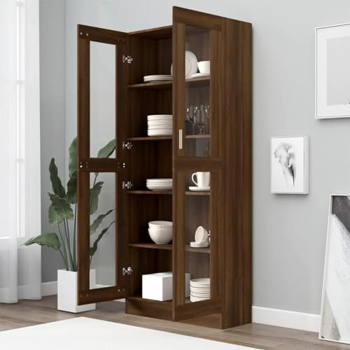 Homgoday Vitrina de Cristal, Vitrina de Salón Aparador,Aparador Cocina, Oficina Archivador, con 5 Estantes 2 Puertas de Vidrio 82,5x30,5x185,5 cm Marrón Roble