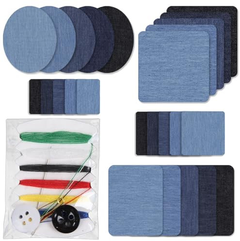 27 Pcs Patches for Cloth Set, 25 Iron on Patches with 2 Sewing Kit, Repair Patch, Denim Patches for Jacket Jeans Assorted Shades of Blue