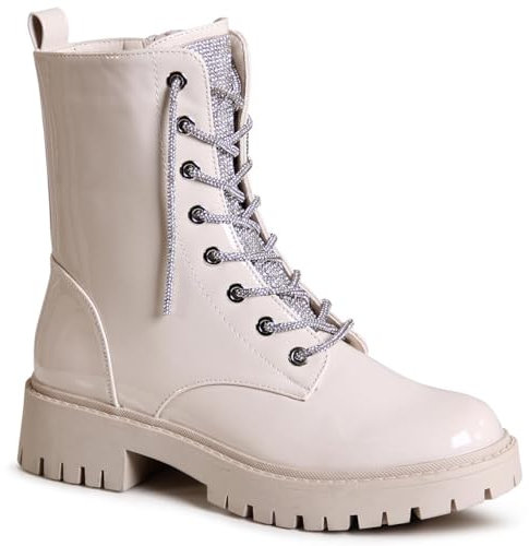 topschuhe24 2959 Damen Plateau Stiefeletten Glitzer Boots, Farbe:Beige Lack, Größe:36 EU