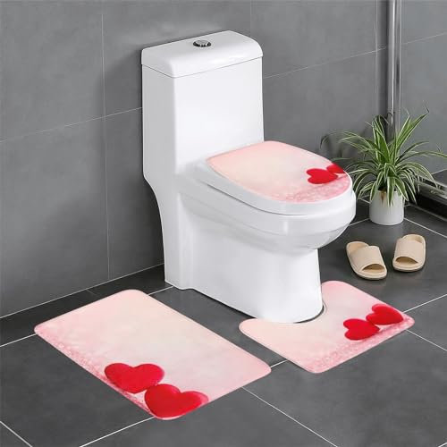AUBKFELD Badematten-Set mit rotem Herz, rosa Glitzer, 3-teilig, rutschfeste Badezimmerteppich-Sets | Badteppich und Konturmatte und WC-Sitzbezug