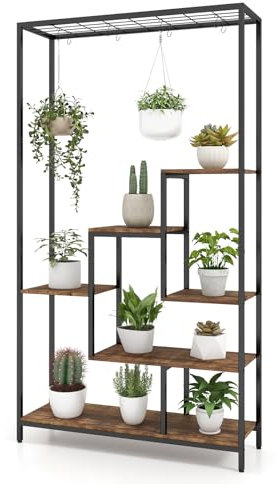 HOMASIS Scaffale per Piante da Interno, Scaffale Verticale e Multiuso con Griglia e 10 Ganci a Forma di S, Fioriera Industriale, Porta Piante per Decorazioni, Libri, 100 x 30 x 180 cm (Marrone)