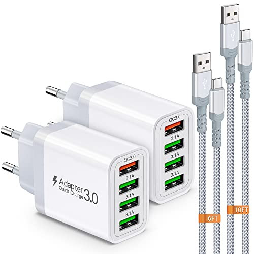 USB Ladegerät,4-Ports 33W Netzteil mit QC 3.0 USB Schnellladegerät Mehrfach mit 2 Stück 2M/3M Schnellladekabel,Adapter Stecker für Samsung Galaxy S24/23/22/21,iPad Pro,LG, Sony