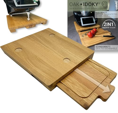 Calotti® Oak IDOKY® V3. Premium Gleitbrett mit integriertem Schneidbrett. Massives Eichenholz. Für Thermomix® TM6 und TM5. Matt lackierte Oberfläche. Schont die Waage. Made in Europe.