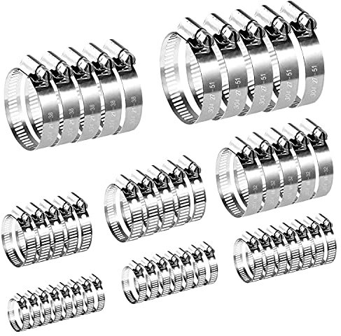 JAYZUUM 70 Stück Schlauchschellen Edelstahl- 8 Größen 6–51 mm einstellbare Schlauchklemmen Set, Rohrschellen Schelle für Haus, Gasrohr, Wasserrohr, Teich, Garten, Pool,SILBER
