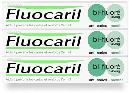 FLUOCARIL - Dentifrice Anti-Caries Bi-fluoré 145mg - Arôme/Goût Menthe - Email renforcé et dents fortes - Aide à prévenir les caries, Haleine fraîche (lot de 3x 75ml)