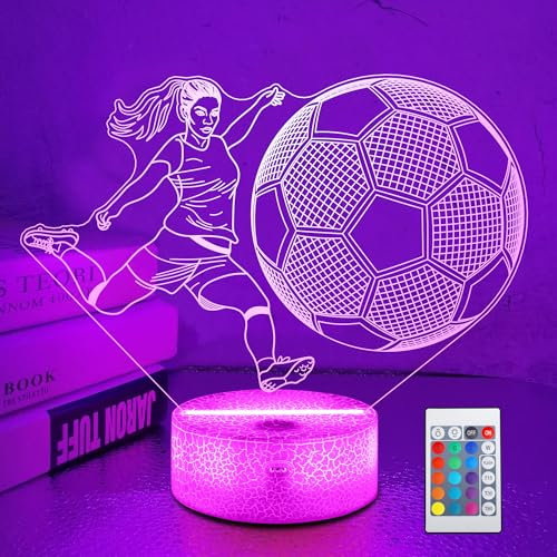 OkiyiD Fußball Geschenke für Mädchen, Fußball Nachtlicht 3D-Illusion Lampe mit 16 Farben Cemote Control, Light Up Football Stuff Birthday Xmas Geschenke für Kinder Freunde Schwester Sport Fan Lover