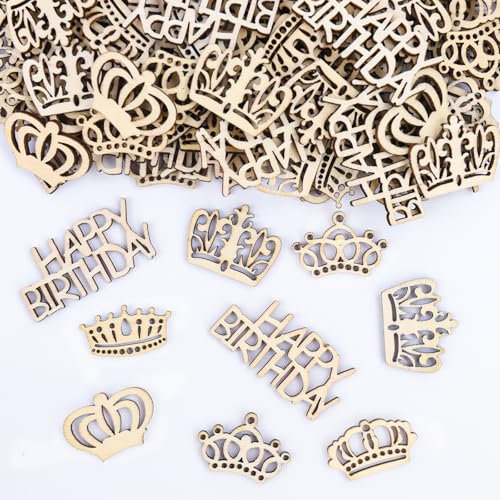 VIKY® Holz Happy Birthday Konfetti, 120 Stück Tischdeko Geburtstag Deko, Streudeko Holz, Mädchen Deko, Kronenkonfetti für Geburtstagsdeko Tisch