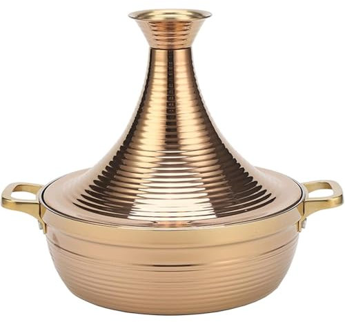 Grande casserole marocaine à tajine marocaine en acier inoxydable anti-adhésif avec 2 poignées, grande casserole marocaine faite à la main avec couvercle en forme de cône (or rose, 28 cm)