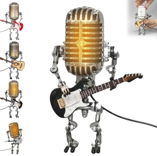 Emottle Mic Robot, Vintage Microphone Guitar Robot Lamp, Music Gifts for Men, Cool Gifts for Music Lovers, Vintage Light Home Decor Nightstand Desk Lamp for Bedroom, Music Studio(Black A)