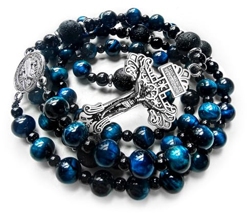LinZengYo rosary beads catholic for men,Rosary Necklace for men with medal & cross,Handmade Blue Tiger Eye Beads Our Lady of Grace Rosary Cross Necklace Catholic Gifts