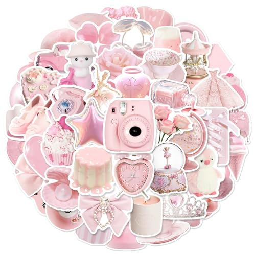 50 Pink Aesthetic Stickers, Lovely Girl Stickers - Waterproof Vinyl Heart Shape Decals, for Scrapbooking, Bottles, Laptops