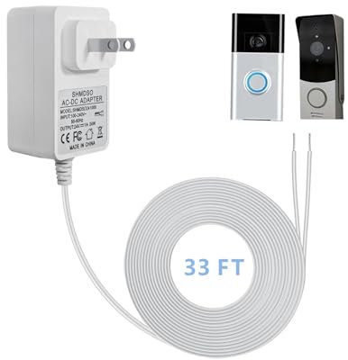 24V Power Supply ，Cable Length 33 Feet ，AC 110V-240V to DC 24V Transformer, Suitable for C-line Thermostats, Heywell, Nest, Wyze, Ring Wired Video Doors ，24V LED Light，White Casing