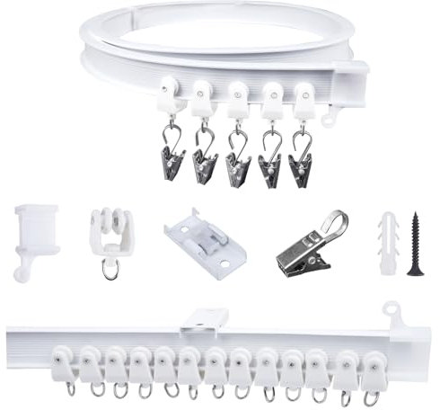 FOGAWA 1m Vorhangschiene mit 8 Vorhangklammern, Deckenvorhangschiene, Flexible Gardinenschiene, Gebogen, Deckenschiene für Duschvorhangstange, Raumteiler, Vorhangschienensystem Deckenmontage, Weiß