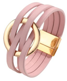 FTPZTINX Bracelet Cuir,Bracelet En Cuir Croisé Tendance Pour Femme, Grand Bracelet Manchette Créole Multicouche, Bijoux Énergétiques Pour Hommes Et Femmes, Rose