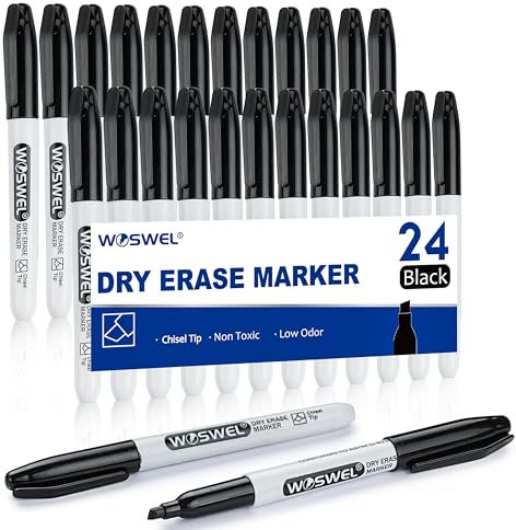 WOSWEL Dry Erase Markers,24 Pack Black Chisel Tip Whiteboard Markers, Chisel Point Low Odor Dry Erase Marker for School Office and Home