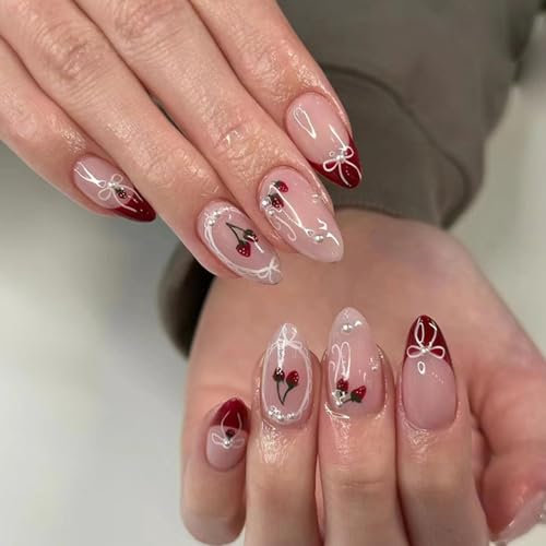 24Pcs Nude Pink False Nails Medium, Almond French Tip Press on Nails Cute Pearl Red Cherry Natural Acrylic Full Cover Removable Glue on Nails for Women and Girls Daily Wear, 12 Sizes