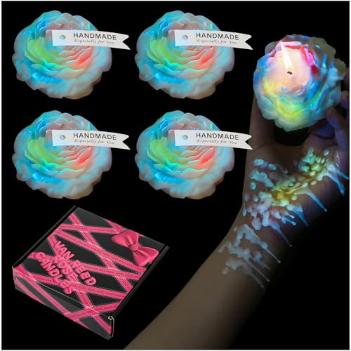 SUPXYC 4 Stück Niedrigtemperatur-Kerzen, niedrige Hitze, körpersichere Kerzen, Wachsspiel, romantische Wachs-Spielkerzen, blumenförmige Duftkerze für Paare (7,9 cm, Fluoreszenz)