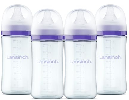 Lansinoh Lot de 4 biberons en verre anti-colique, 236,8 g, pour l'alimentation, essentiels pour bébé, comprend 4 tétines à débit moyen, taille M