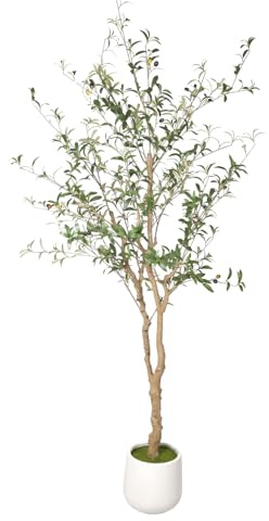 Phimos Künstlicher Olivenbaum mit Pflanzgefäß, große künstliche Olivenzweige und Früchte, künstlicher Baum für modernes Zuhause, Büro, Wohnzimmer, Bodendekoration, Innenbereich, 2 m