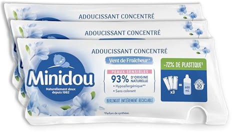 Berlingots Minidou Vent de Fraicheur : Minidou - Adoucissant concentré Vent de Fraîcheur | Peaux sensibles | 93% d’origine naturelle, hypoallergénique** & sans colorant | Berlingots 30 lavages 3x200mL