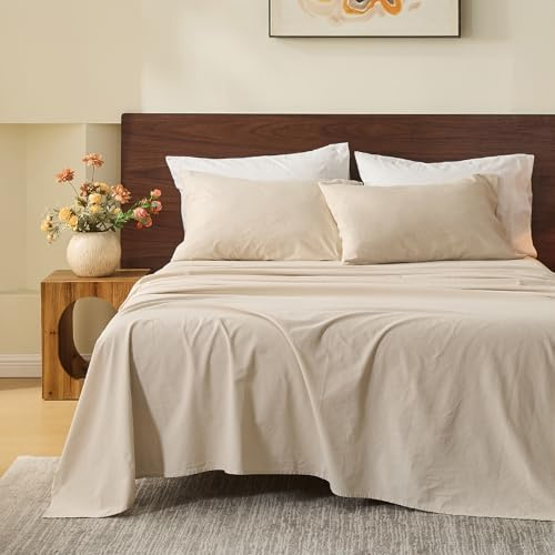 MEISHANG 100% French Pure Linen Sheets Queen Size - Bed Sheets 4 Piece Sets, Soft Durable Flax Linen, Anti-Tear Breathable Oeko-Tex Certified with 16 Deep Pocket (Linen)
