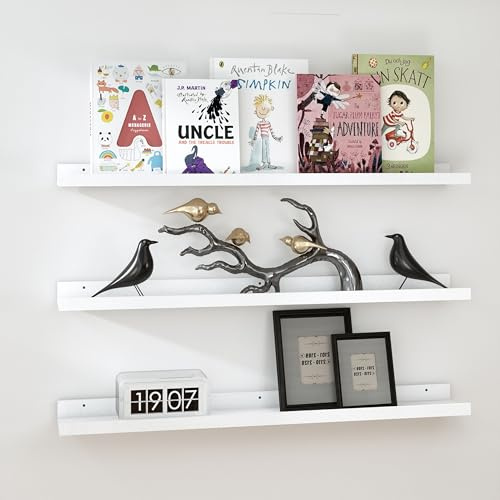 RICHER HOUSE Wandregal Weiß, 120 x 13 cm, Schweberegal aus MDF Holz,3er Set | Bilderleiste, Wandboard, Regal Wand für Fotorahmen und Dekos, Wohnzimmer, Kinderzimmer, Schlafzimmer, Küche, Badezimmerwand