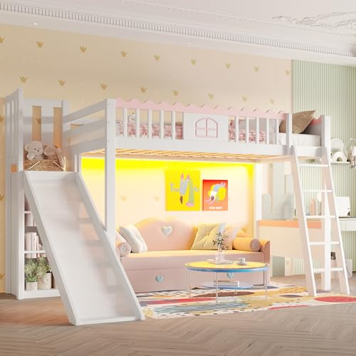 LinoraFurn Hochbett, Einzelbett(Ohne Matratze), Kinderbett, mit LED-Leuchten, mit Regalen, mit Rutsche, EN747 Zertifiziert, Kiefernholz, 90x200cm, Weiß (246.5x188.5x171cm)