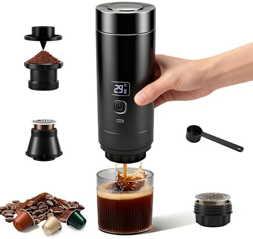 3-in-1 Tragbare Espressomaschine mit Akku – 20 Bar, Kalt/Heiß Extraktion, Kompatibel mit Kapseln & Gemahlenem Kaffee, 7800mAh USB-C, Mini Kaffeemaschine für Camping, Auto, Büro & Reise (Schwarz)