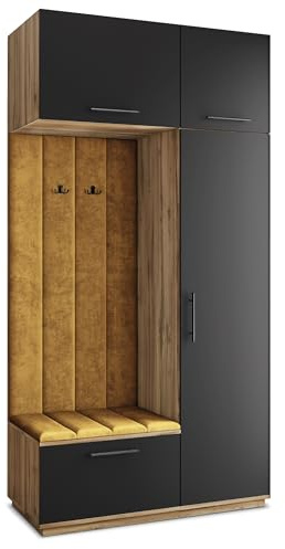 Masseno Flugarderoben Set Rema, Kleiderschrank-Set mit Sitzbank, Garderobenschrank Flur mit 5 Regalböden, Eiche Wotan/Schwarz