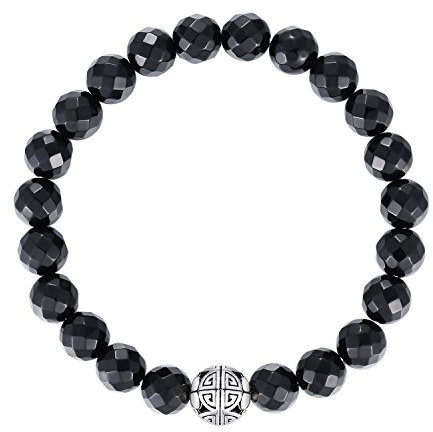 MetJakt Natürliche 8 mm Edelsteine Heilung Crystal Stretch Perlen Armband Armreif mit 925 Sterling Silber Double Happiness Anhänger (schwarz Onyx)