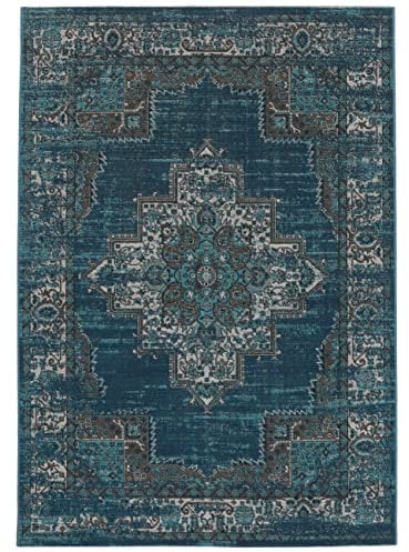RugVista, Vintage Vega, Teppich, Kurzflor Teppich, 140 x 200 cm, Rechteckiger, Modern, Oeko-Tex Standard 100, Polypropylene, Flur, Schlafzimmer, Küche, Wohnzimmer, Petrol/Türkis, Dunkelblau
