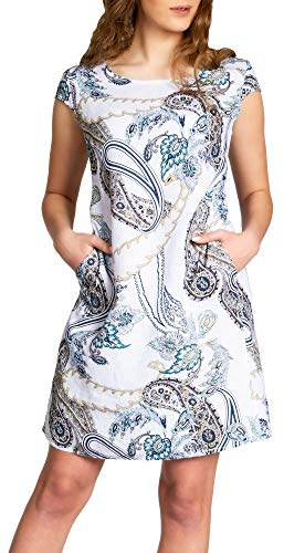 Caspar SKL022 Damen Sommer Leinenkleid mit Paisley Print bis Größe 50, Farbe:Weiss, Größe:XXL - DE44 UK16 IT48 ES46 US14