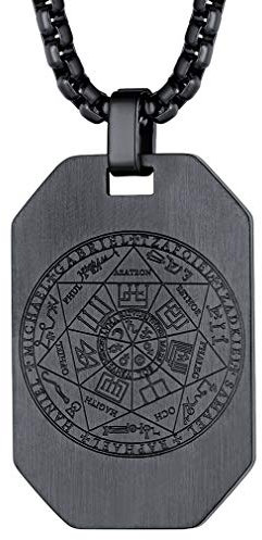 FaithHeart Collier Plaque Médaille Talisman 7 Archange Homme Pendentif Plaque Noir Sceau des 7 Archanges Acier Inoxydable Bijoux Porte Bonheur Amulette Protection