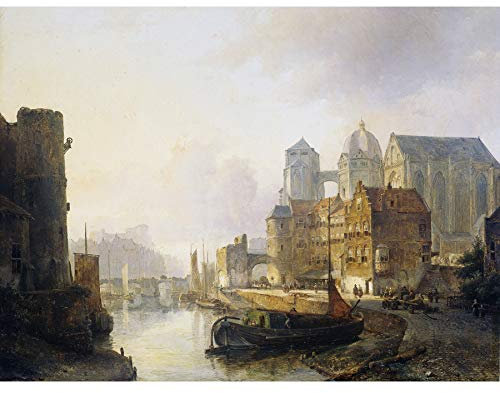 Artery8 Karsen Imaginary View Riverside Town Aachen Cathedral Premium Wall Art Canvas Print 18X24 Inch Aussicht Fluss Dom Wand