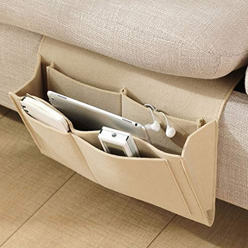 ECOSWAY Lato del Letto Feltro Borsa Portaoggetti con Tasche Divano Letto Scrivania Organizer Porta Oggetti da Appendere per Telefono Riviste Compresse Telecomandi - Beige